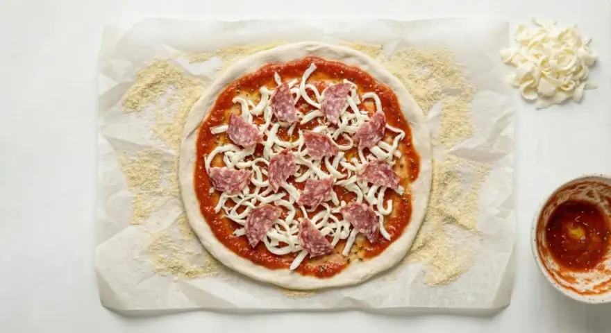Gotowe ciasto na pizzę bez wyrastania, posmarowane sosem, posypane serem i salami. Obok miseczka sosu i dodatkowy ser.
