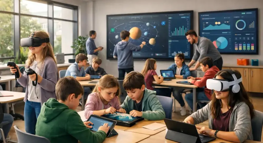 Kinder der Generation Alpha lernen mit VR-Brillen und Tablets im Klassenzimmer.