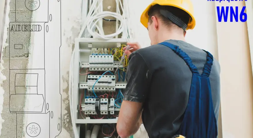 Elektryk montuje wyłączniki nadprądowe w rozdzielnicy. To kluczowe elementy instalacji elektrycznej chroniące przed przeciążeniem.