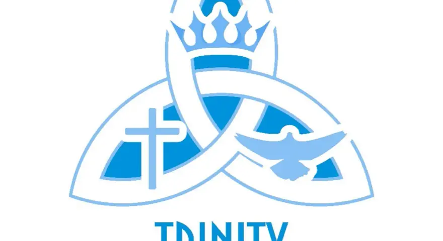 A blue and white emblem symbolizing the solemnity of the Most Holy Trinity, featuring a triquetra, a cross, a dove, and a crown.
