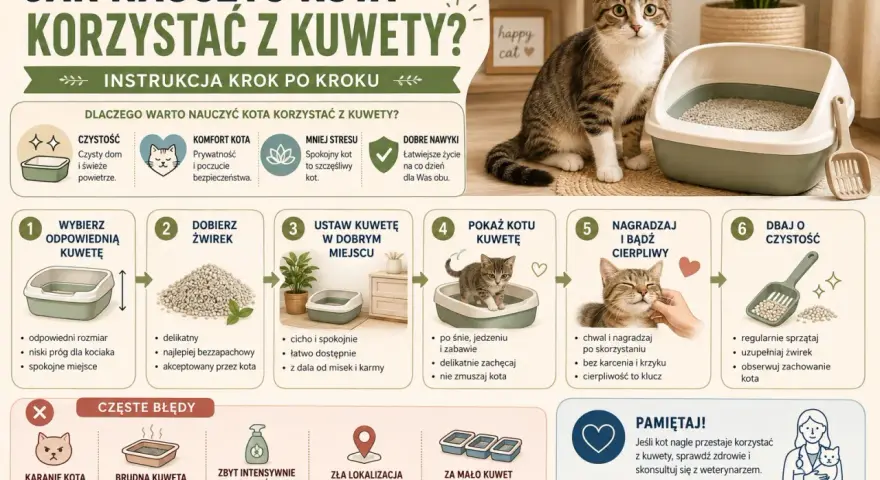 Jak nauczyć dorosłego kota korzystać z kuwety? Instrukcja krok po kroku: wybierz kuwetę, dobierz żwirek, ustaw w dobrym miejscu, pokaż kotu, nagradzaj i bądź cierpliwy, dbaj o czystość.