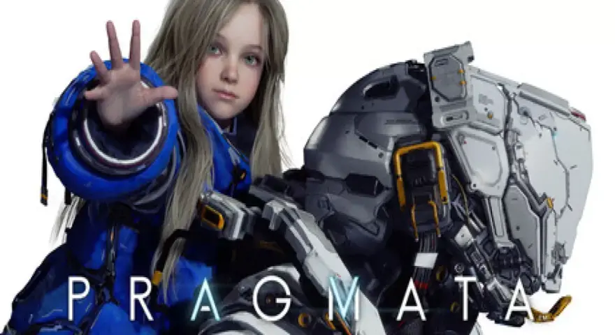 Niña con traje azul y un robot futurista. El título "PRAGMATA" aparece en la imagen.