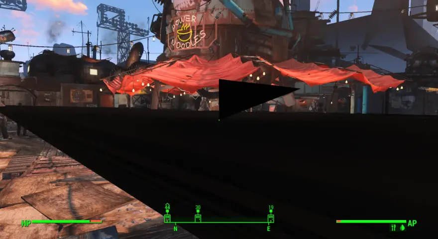 Postapokaliptyczna sceneria z neonem "Power Noodles" i czerwonymi markizami, jak w grze fallout 4 next gen.
