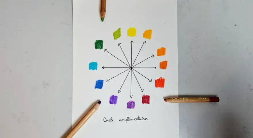 Rueda de colores dibujada a mano con lápices de colores, ideal para pintura al pastel para principiantes.