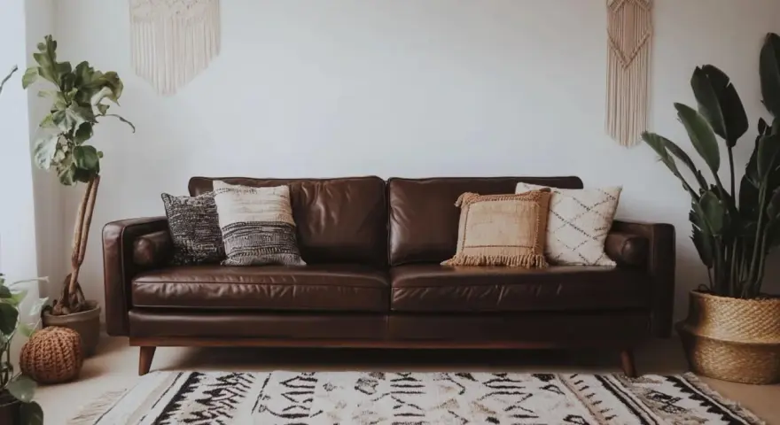 Un canapé marron en cuir, décoré de coussins texturés. Idéal pour savoir quelle couleur associer avec un canapé marron, avec des plantes vertes et un tapis ethnique.