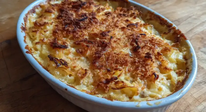 En gyllene Janssons frestelse i en vit ugnsform, redo att serveras. Ett klassiskt recept som doftar jul.