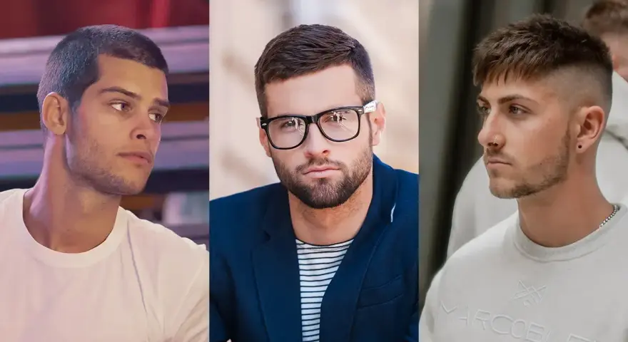 Trzech mężczyzn prezentuje fajne fryzury męskie: krótko ostrzyżone włosy, klasyczną fryzurę z okularami i modne cięcie z wygolonymi bokami.