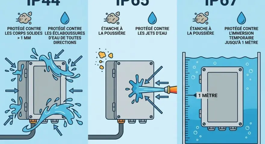 Illustration comparant les indices de protection IP44, IP65 et IP67. Idéal pour une salle de bain, l'IP67 protège contre l'immersion temporaire jusqu'à 1 mètre.