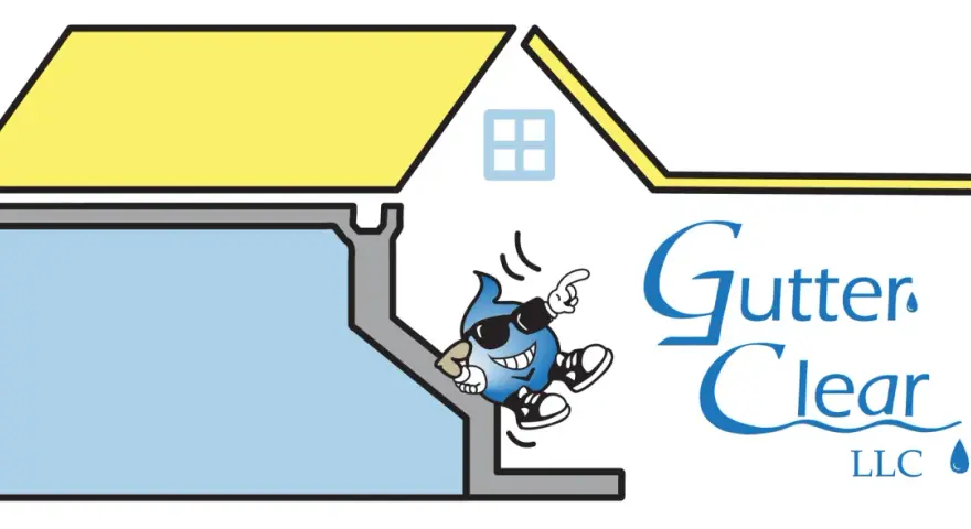A cartoon water drop character with sunglasses and sneakers jumps out of a gutter, illustrating how to clean gutters. The logo "Gutter Clear LLC" is beside it.