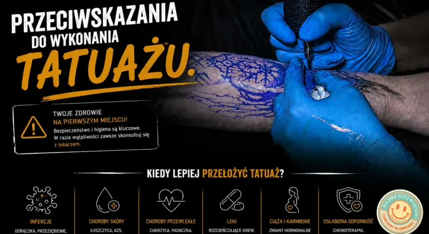 Rękawiczki ochronne wykonują tatuaż. Grafika ostrzega przed przeciwwskazaniami, w tym gorączką, by uniknąć powikłań.