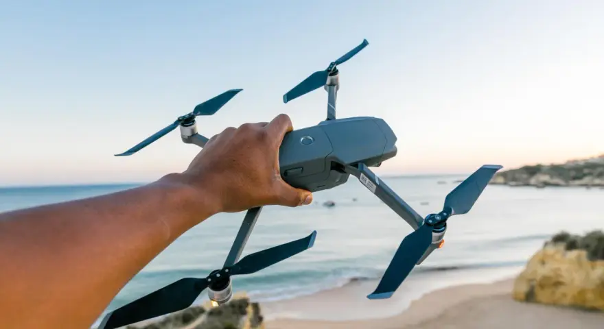 A hand holds a drone over a European beach, ready for flight.