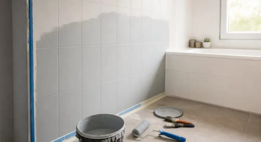 Rénovation de salle de bain : on est en train de repeindre le carrelage mural en gris. Matériel de peinture au sol.