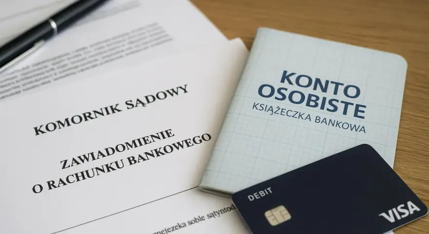 Dokumenty komornicze, książeczka "Konto Osobiste" i karta debetowa. Szybko komornik znajdzie nowe konto, gdy dane są aktualne.