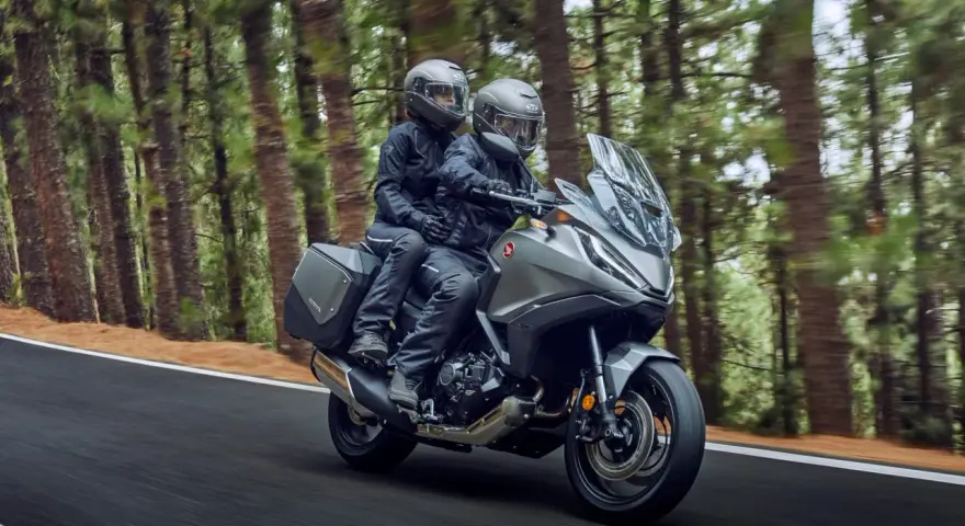 Pareja en moto, disfrutando de un viaje por un bosque. La moto, su primera moto, es gris y moderna, con alforjas.