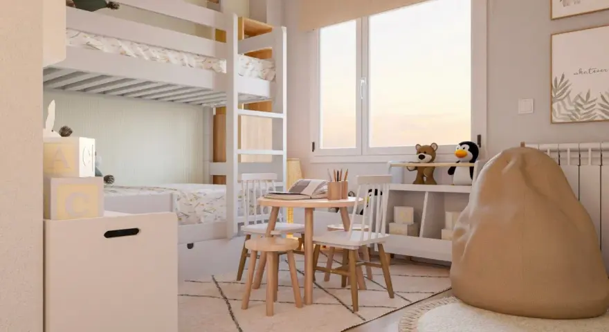 Habitación infantil con litera, ideal para como dividir una habitación para niño y niña. Zona de juegos con mesa y sillas, y un cómodo puf.
