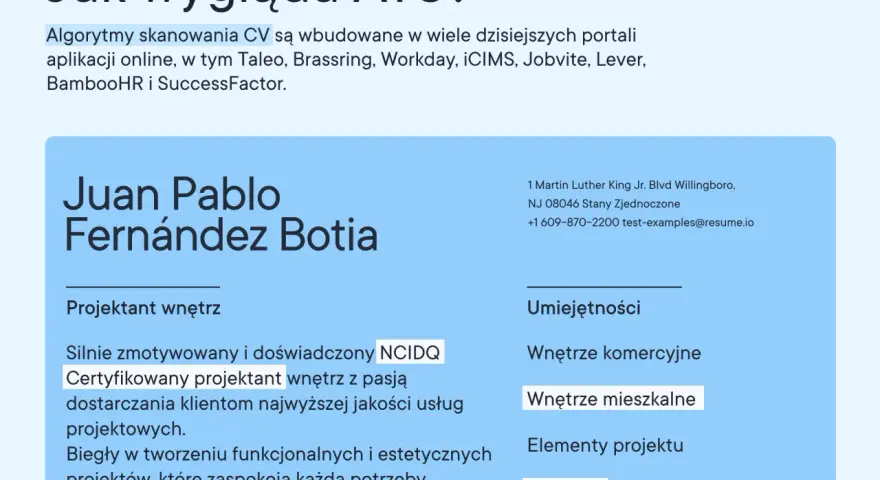 CV Juan Pablo Fernández Botia, projektanta wnętrz, z certyfikatem NCIDQ. Algorytmy ATS analizują CV, by znaleźć dopasowanych kandydatów.