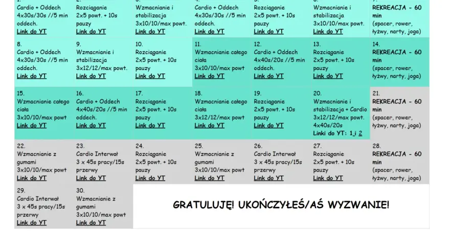 Plan 30-dniowego wyzwania treningowego w domu, z ćwiczeniami i linkami do nauki rysunku.