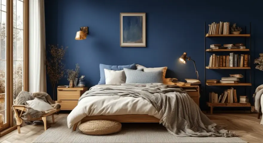 Chambre paisible aux murs bleu nuit, évoquant une **couleur ultraviolet** profonde. Un lit douillet, une chaise confortable et une bibliothèque remplie de livres invitent à la détente.