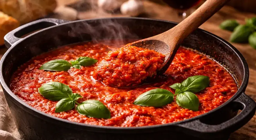 Une cuillère en bois sert une généreuse portion de sauce tomate maison fumante, garnie de basilic frais.