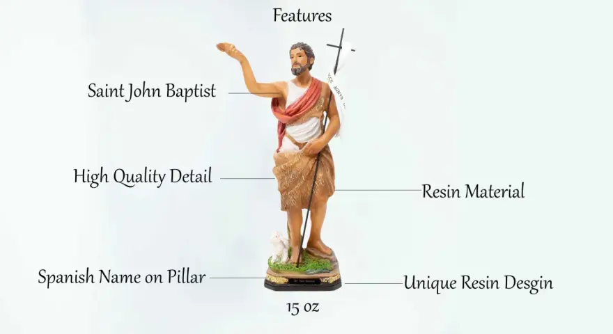 Escultura de San Juan Bautista, detallada y hecha de resina. Incluye un cordero y una cruz con estandarte.