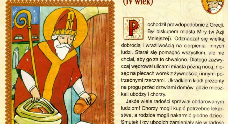 Ilustracja z baśni o św. Mikołaju: biskup z laską i workiem pełnym chleba, który obdarowuje potrzebujących.
