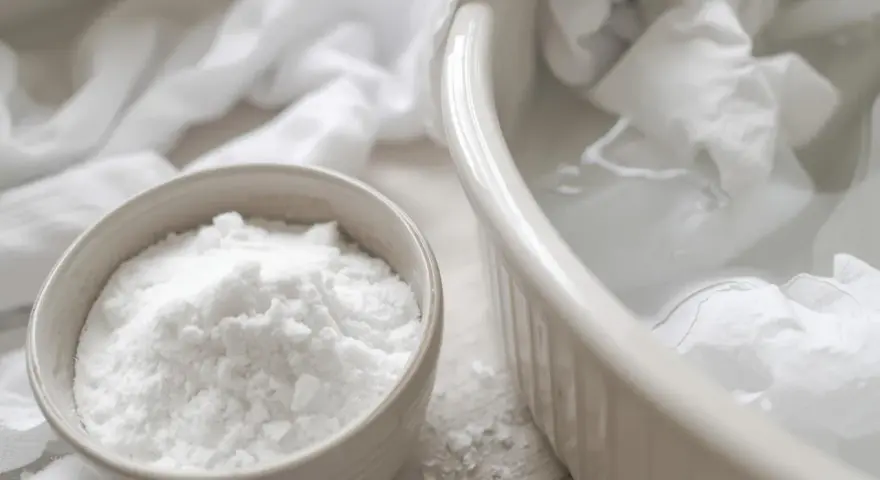 Un bol de bicarbonate de soude à côté d'un plat rempli d'eau et de linge blanc. Idéal pour éliminer les taches jaunes.