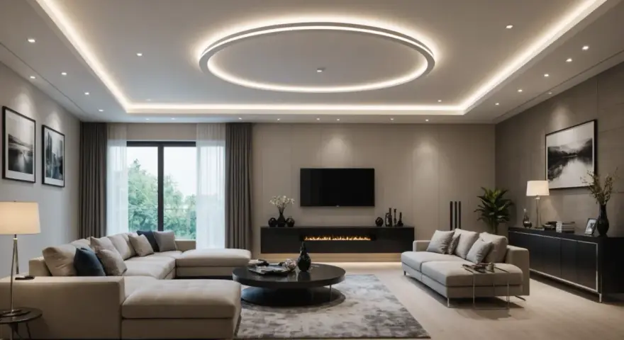 Éclairage moderne et élégant pour la décoration plafond salon, avec un cercle lumineux central et des spots encastrés.
