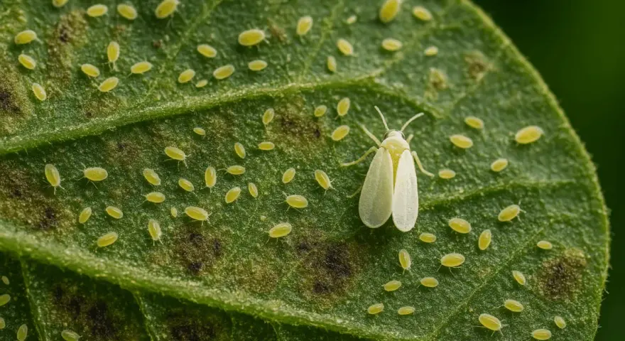 Una mosca blanca adulta y muchas ninfas cubren una hoja verde. Aprende cómo eliminar la mosca blanca de las plantas para proteger tu jardín.