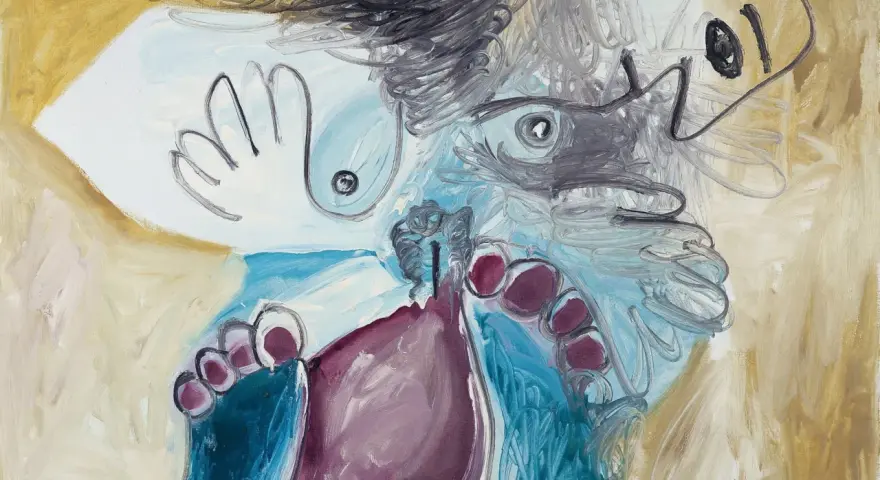 Fakta om Picasso: En målning med en abstrakt figur, med framträdande fötter och en hand.