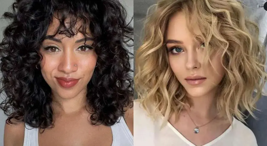 Dos mujeres con media melena ondulada natural. Una con pelo oscuro y rizado, la otra con pelo rubio y ondas suaves.