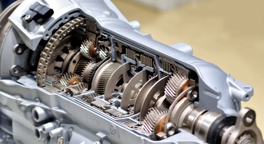 Schnittmodell eines Automatikgetriebes mit Zahnrädern, Ketten und Lamellenkupplungen, wie sie im Fahrzeugschein aufgeführt sind.