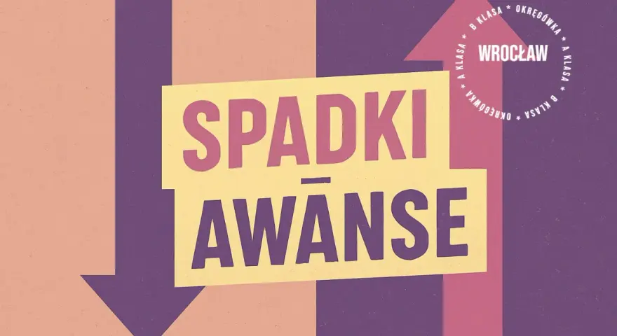 Grafika o spadkach i awansach w piłce nożnej, z hasłem "SPADKI AWANSE" i informacją o klasach rozgrywkowych we Wrocławiu.