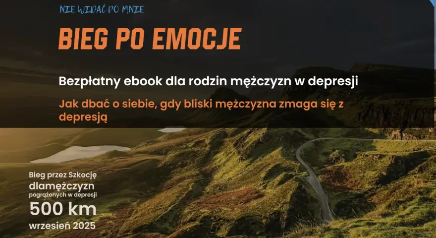 Krajobraz górski z napisem "Bieg po emocje" i informacją o ebooku dla rodzin mężczyzn w depresji.