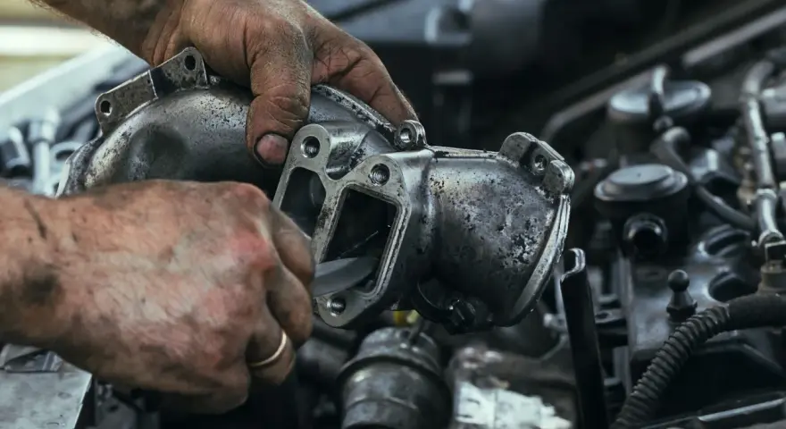 Mechanik czyści element układu recyrkulacji spalin, podejrzewając nadmierny przepływ.