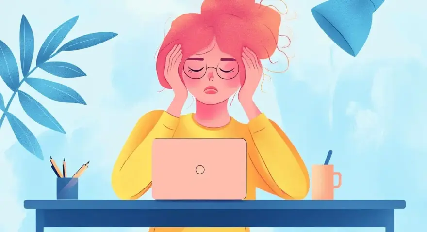 Ragazza con capelli rosa e occhiali, mani sulle tempie, davanti a un laptop. Sembra esausta, uno dei tanti sintomi di lavorare troppo.