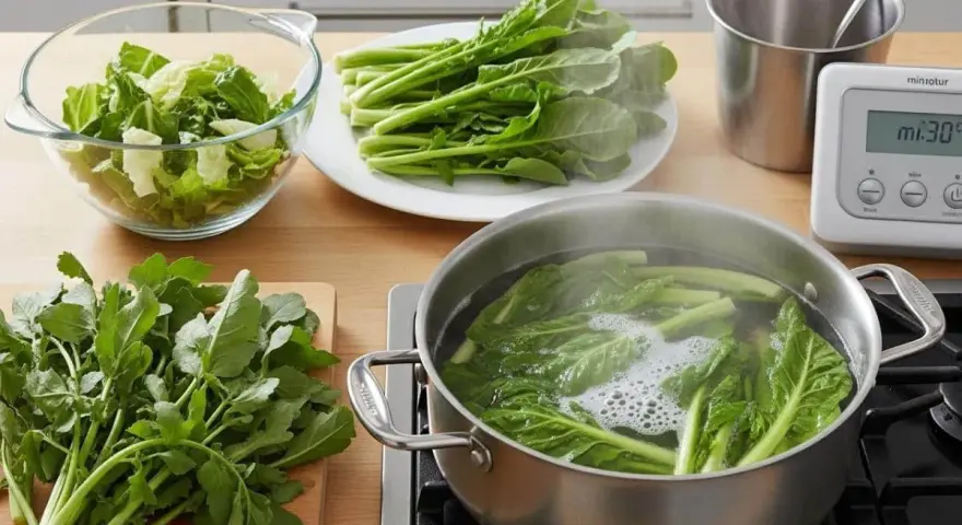 Préparation pour la cuisson d'épinards frais. Des légumes verts bouillent dans une casserole, d'autres attendent sur une assiette et une planche à découper.