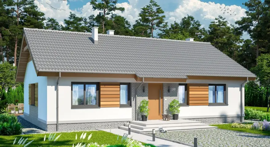 Nowoczesny dom energooszczędny projekt z szarym dachem, białymi ścianami i drewnianymi elementami. Otoczony zielenią, z podjazdem i schodami do drzwi.