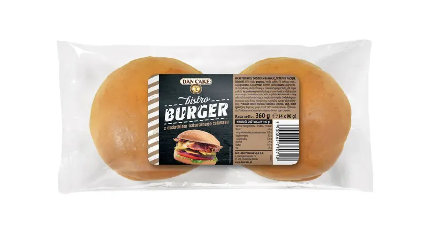 Dwie bułki do burgerów w opakowaniu, z etykietą z wizerunkiem burgera.