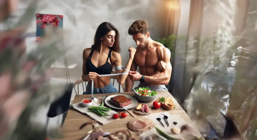 Pareja mide sus brazos, rodeados de alimentos saludables como carne y ensalada, sugiriendo un enfoque de protein sparing modified fast para alcanzar sus metas.