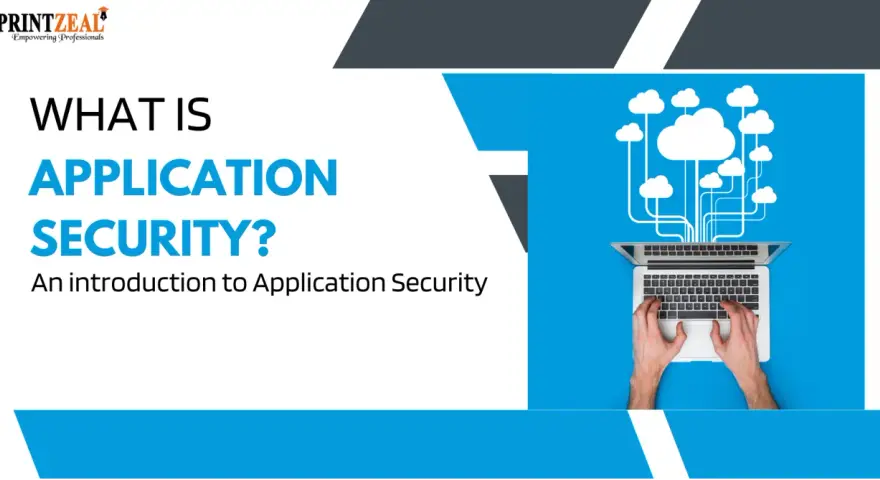 An introduction to application security meaning: hands typing on a laptop connected to cloud icons, illustrating secure data flow.
