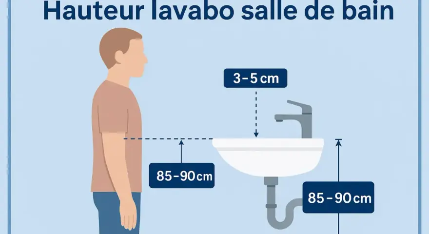 Illustration montrant la hauteur lavabo salle de bain idéale : 85-90 cm du sol au bord, et 3-5 cm entre le robinet et le lavabo.