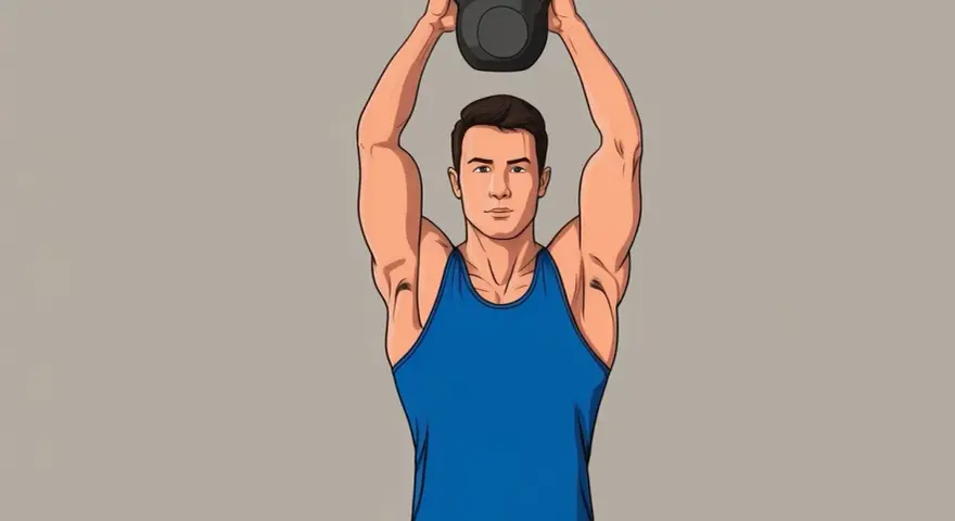 Man i blått linne lyfter en kettlebell över huvudet, en del av en kettlebell snatch-rörelse.