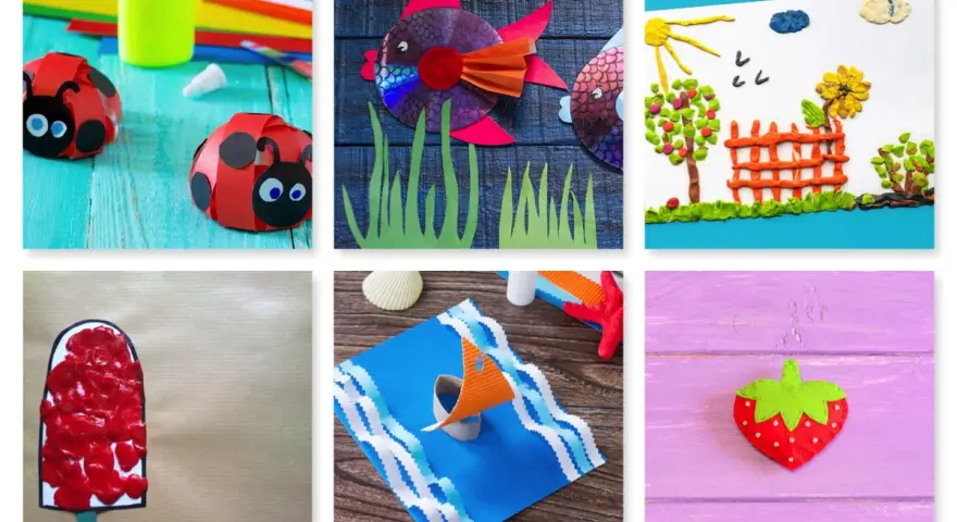 Manualidades de verano: mariquitas de cartulina, peces de CD, paisaje de plastilina, helado, barco y fresa.