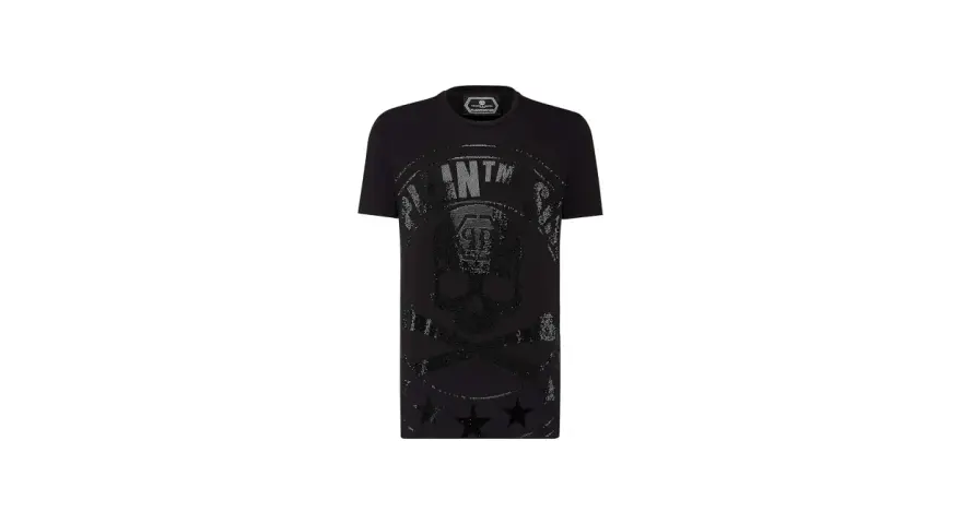 Czarna Philipp Plein koszulka z czaszką i cekinami, ozdobiona gwiazdami.