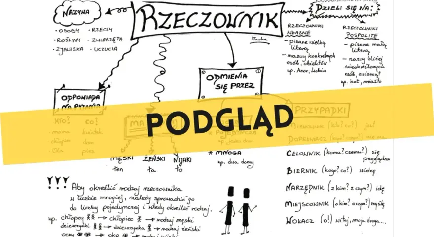 Podgląd rzeczownika: nazwy, odmiana przez przypadki, rodzaje (męski, żeński, nijaki), liczby (pojedyncza, mnoga). Rzeczowniki dzielą się na własne i pospolite.