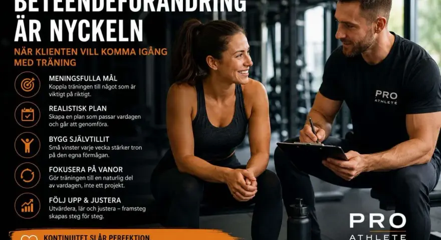 En tränare och klient diskuterar träningsplaner. Bilden betonar vikten av mental styrka för att uppnå träningsmål.