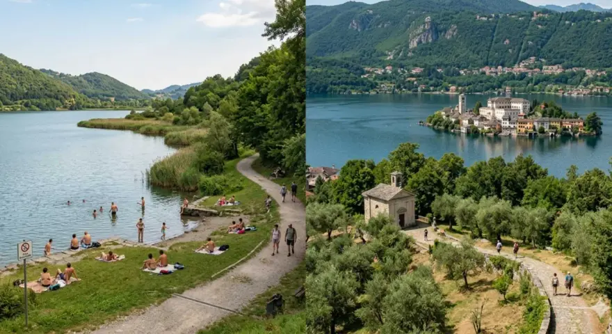Splendido **lago di Endine** con persone che si rilassano e nuotano. A destra, un'isola con un borgo pittoresco e una chiesetta.