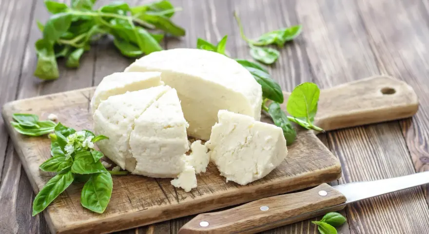 Chudy twaróg na desce z bazylią. Zastanawiasz się, ile białka ma twaróg chudy? To świetne źródło protein!