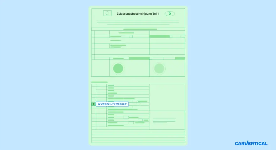 Zulassungsbescheinigung Teil II: Die Fahrgestellnummer WVWZZZ1J7XW000001 ist im Fahrzeugschein hervorgehoben.
