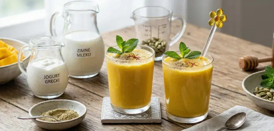 Dwa szklanki orzeźwiającego mango lassi, udekorowane miętą, na drewnianym stole. Obok składniki: pokrojone mango, jogurt, mleko, miód i przyprawy.